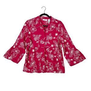 JH Collection XL Pink White Embroidered Floral Button Up Woman's Bell Slv Blouse